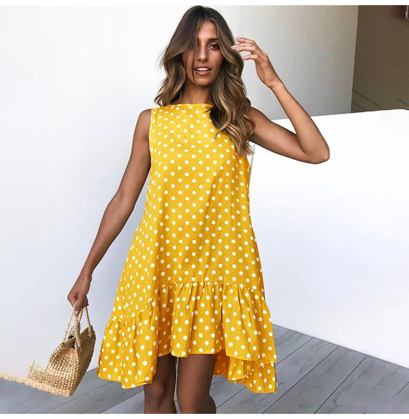 Roan Playful Polka-Dot Ruffle Chiffon Summer Dress