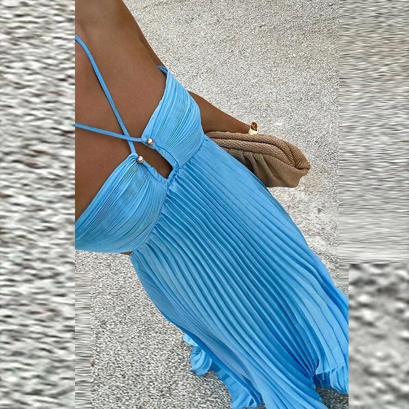 Marina Blaues Halterneck Plissiertes Partykleid Dress