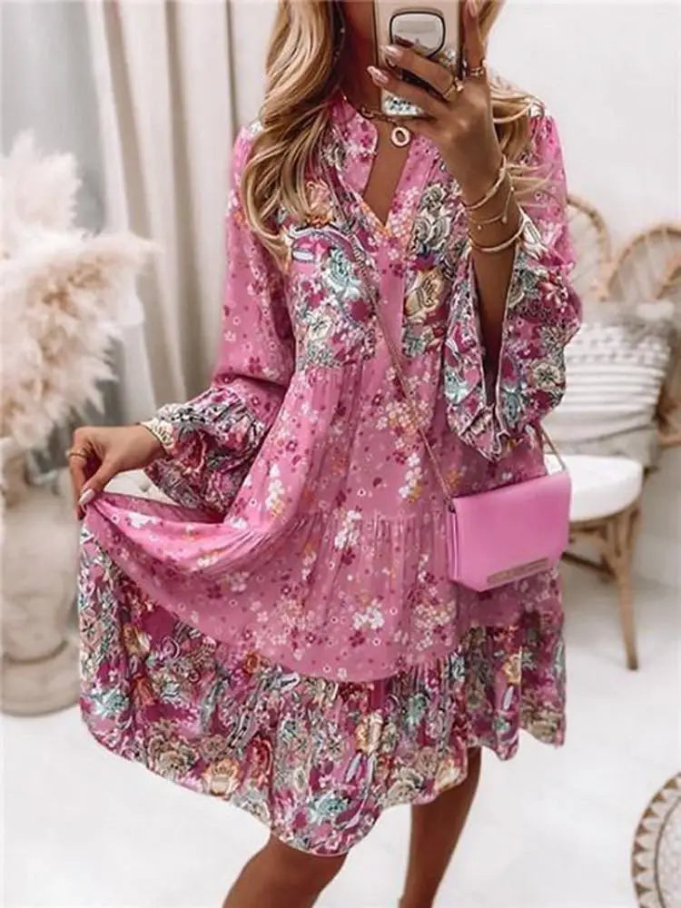 Helena Floral A-Line V-Neck Dress for Summer Beach Days