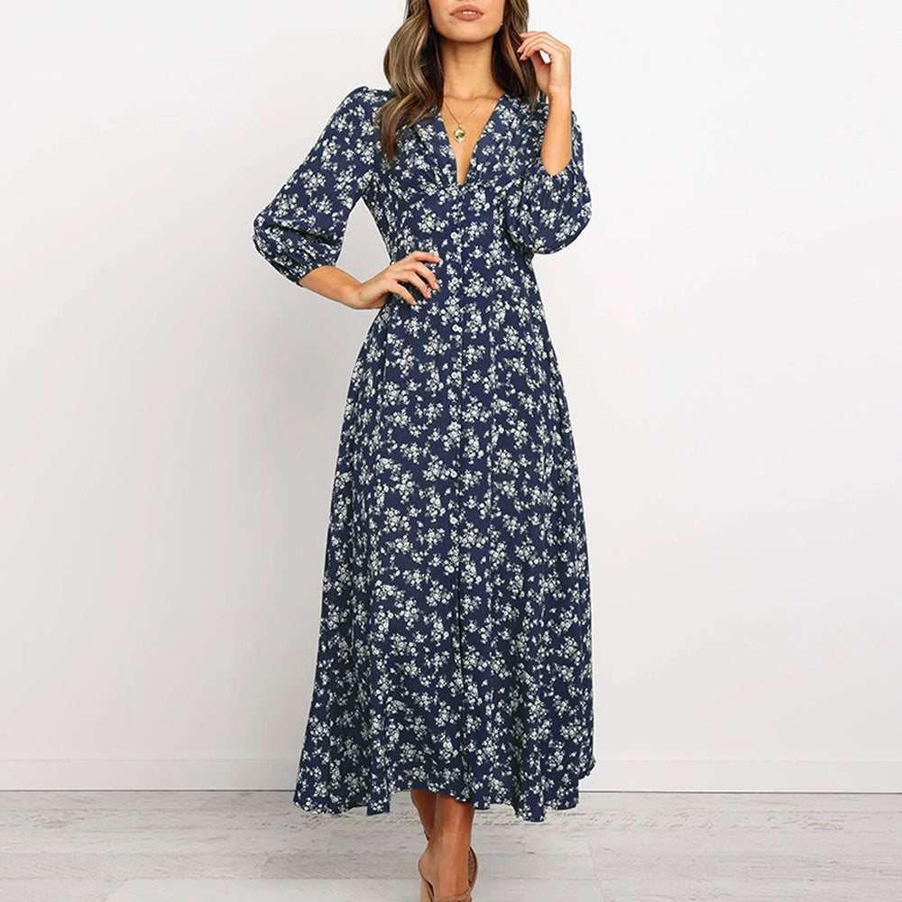 Marina Floral Midi Dress with Button-Front Placket