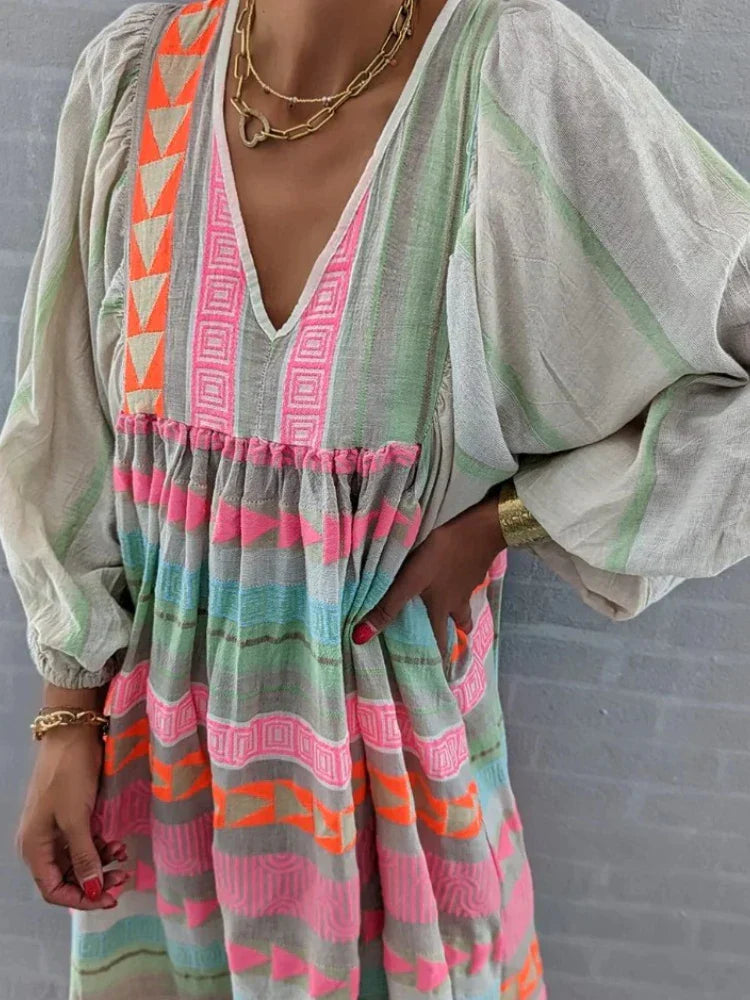 Cassandra Boho Print V-Neck Dress