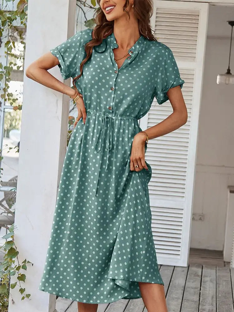 Dotarie Polka Dot Button-Down Midi Shirt Dress