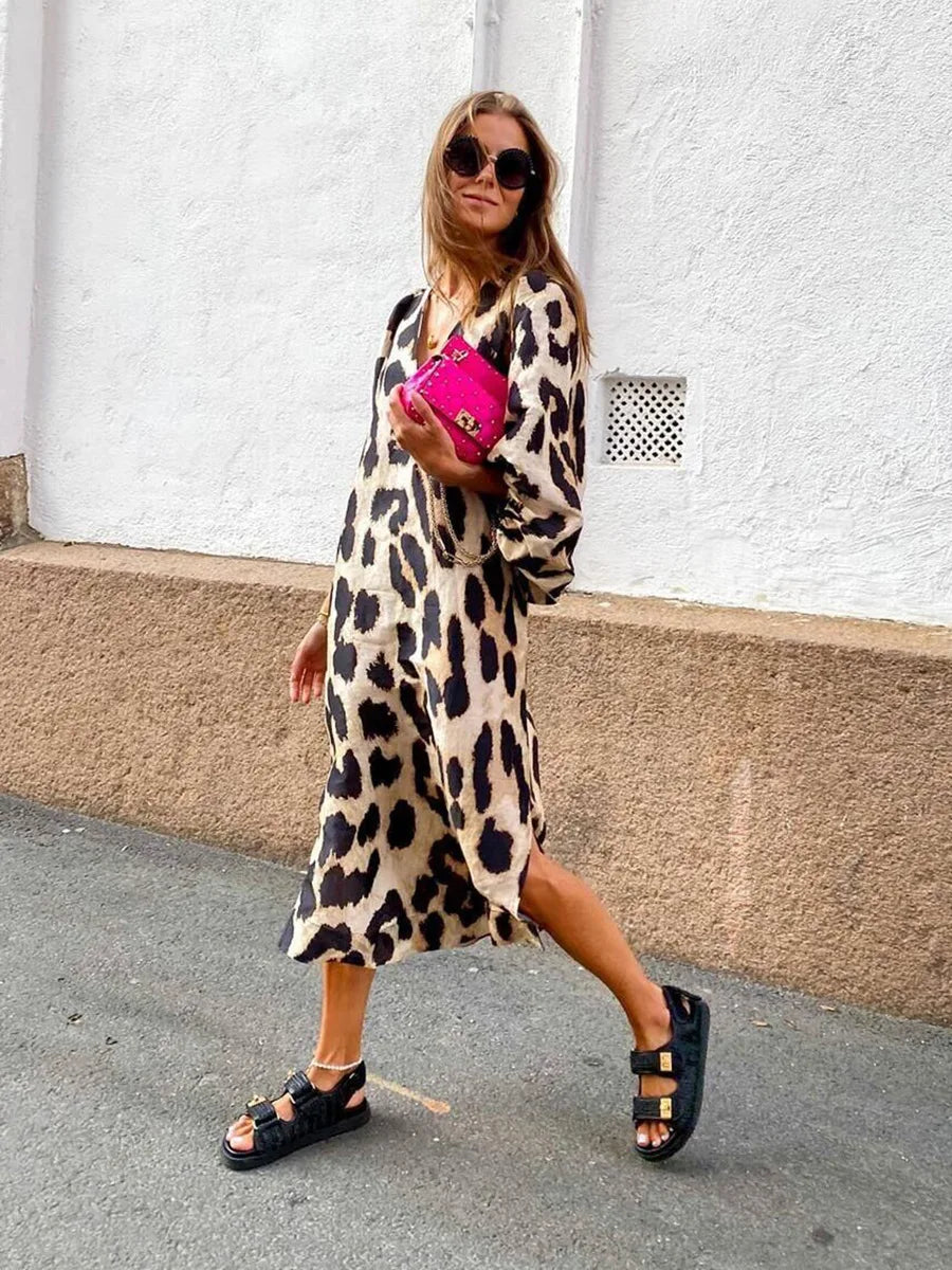 Zarina Leopard Print V-Neck Maxi Dress