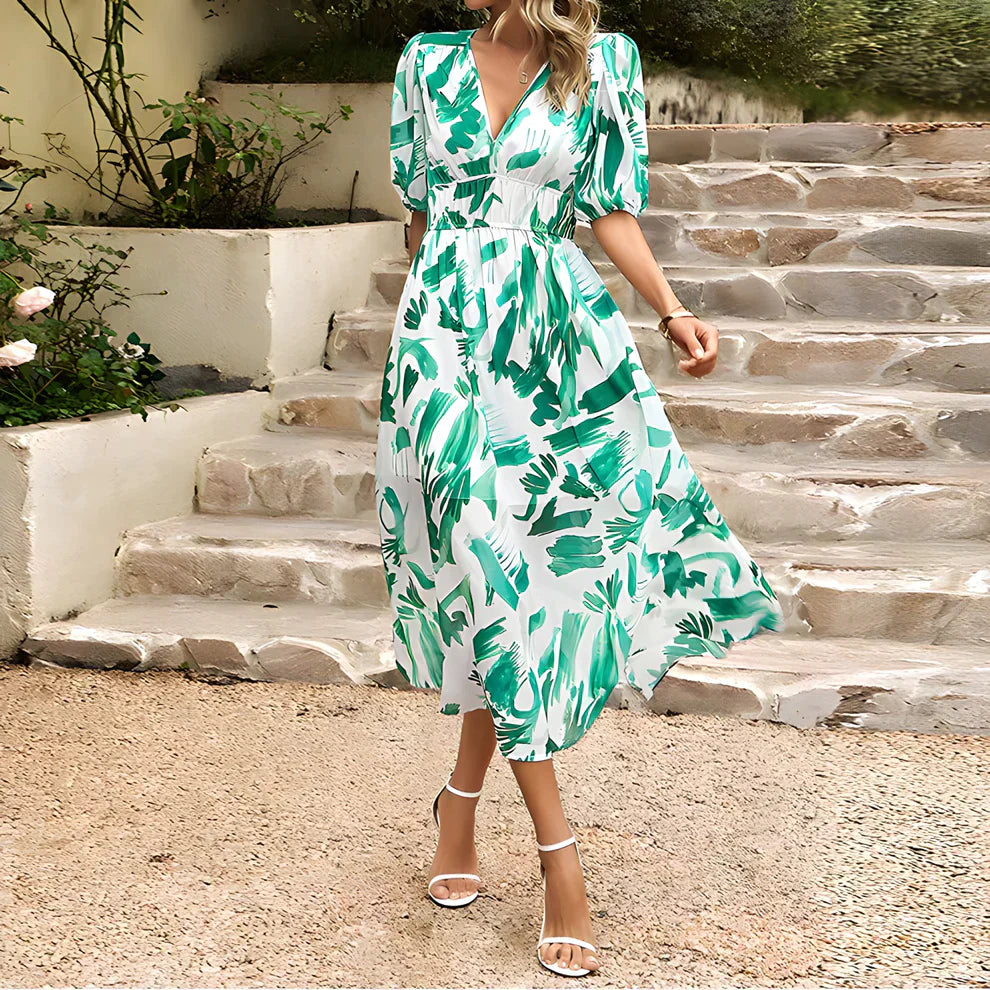 Constança Patterned Puff-Sleeve Midi Dress for Occasions