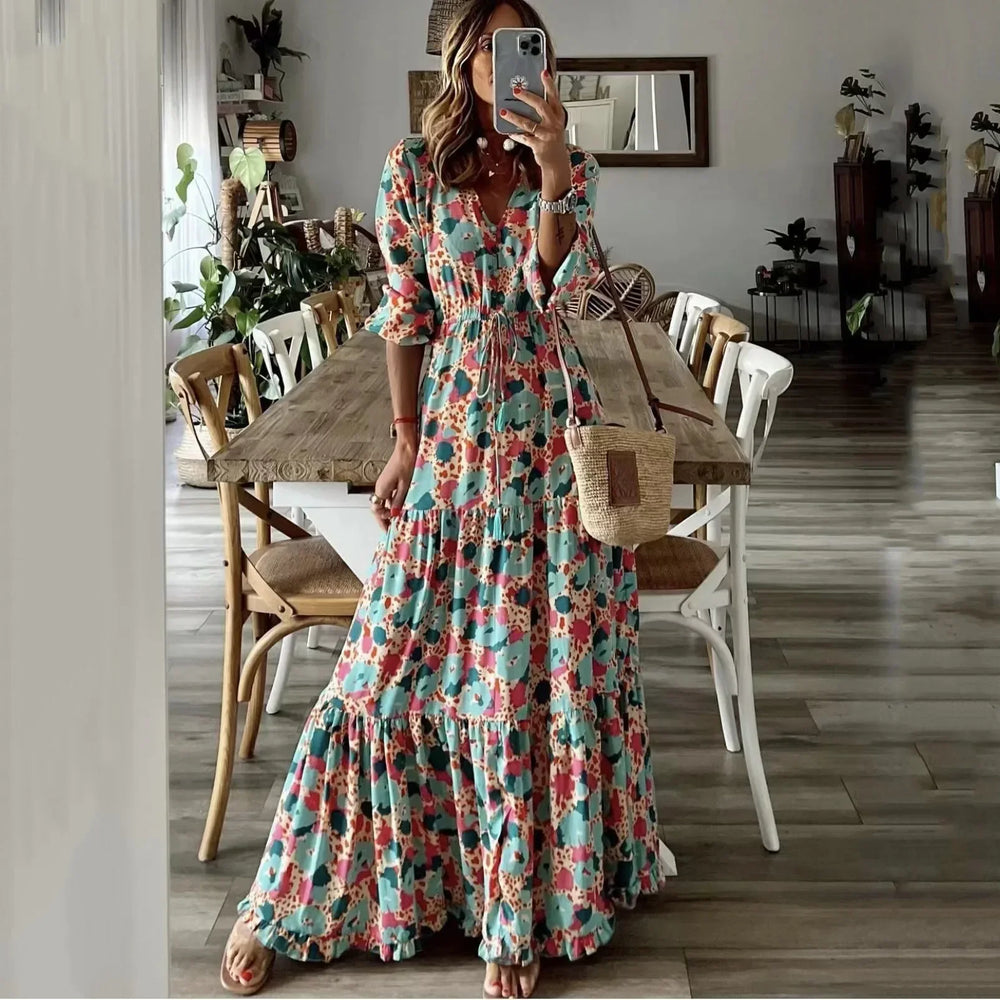 Liora Print V-Neck Swing Maxi Dress