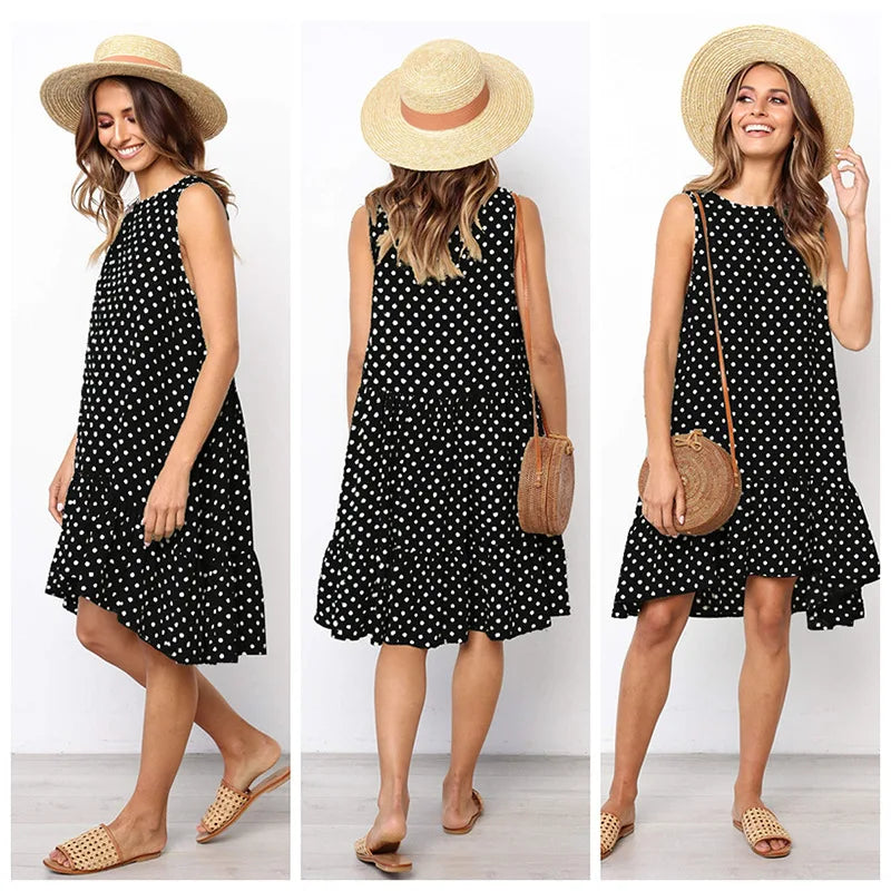 Roan Playful Polka-Dot Ruffle Chiffon Summer Dress