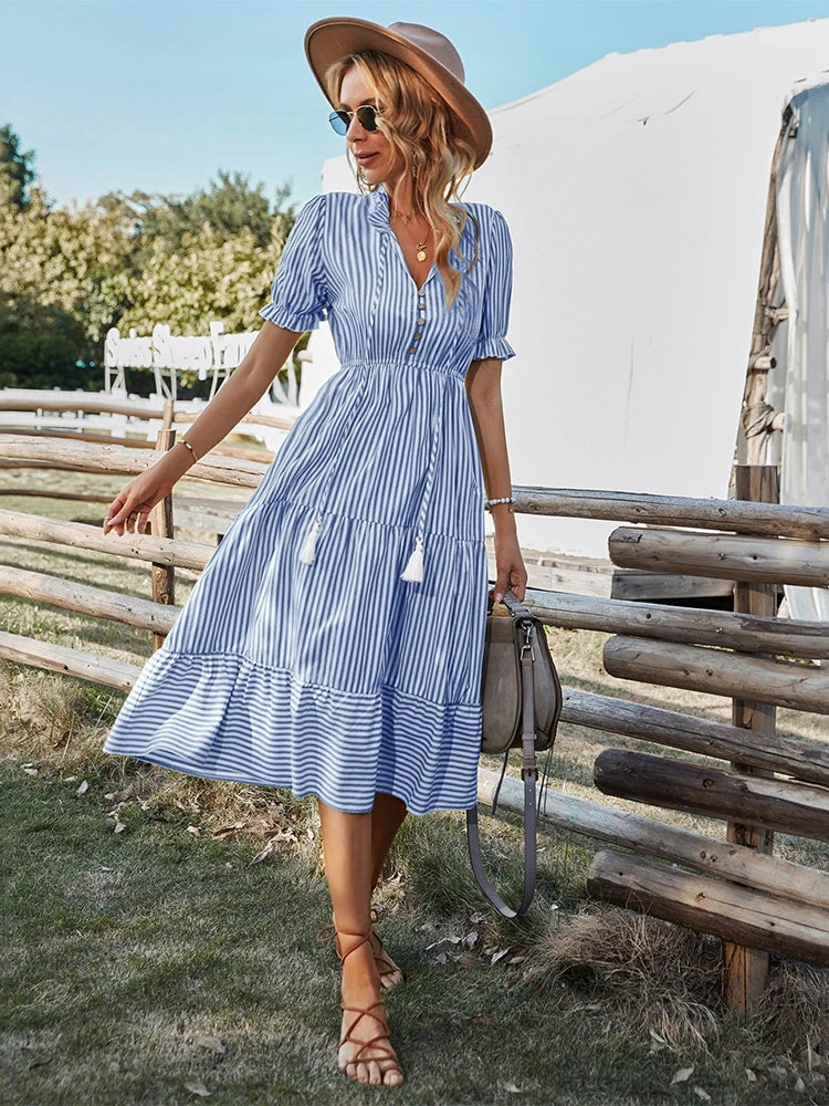Maya Striped V-Neck Tassel Dress