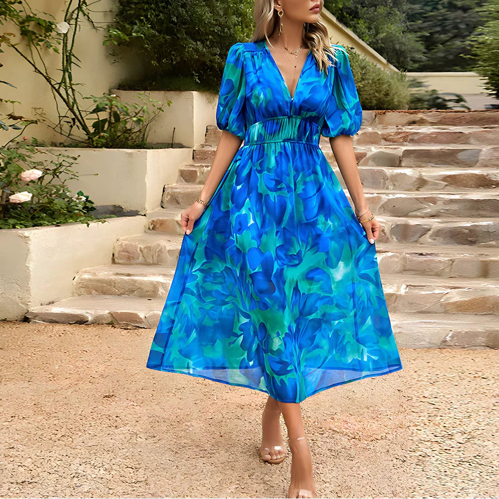 Constança Patterned Puff-Sleeve Midi Dress for Occasions