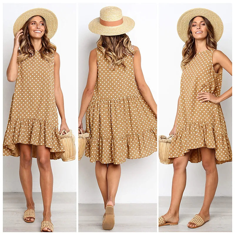 Roan Playful Polka-Dot Ruffle Chiffon Summer Dress