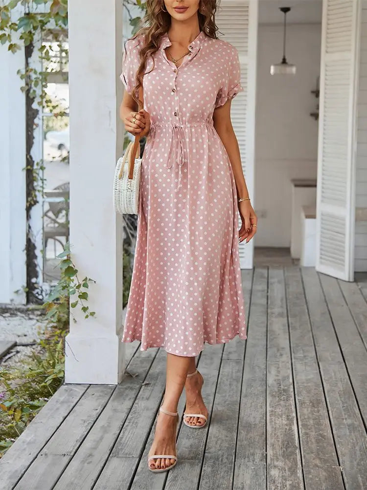 Dotarie Polka Dot Button-Down Midi Shirt Dress