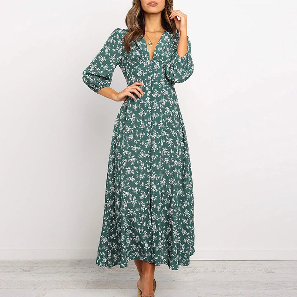 Marina Floral Midi Dress with Button-Front Placket