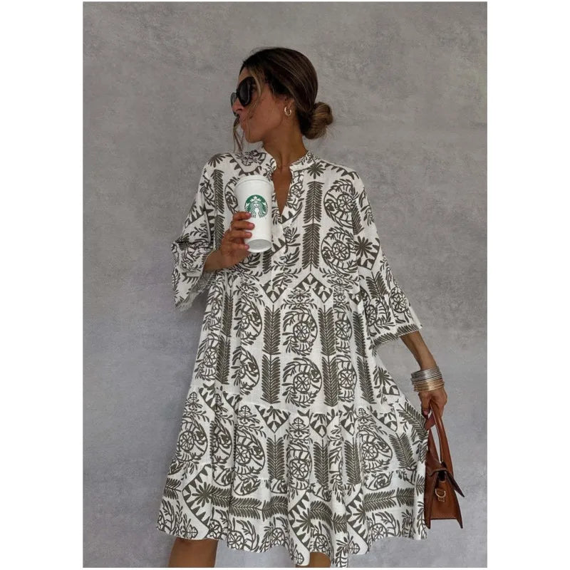 Adeline Printed A-Line Dress with V-Neck