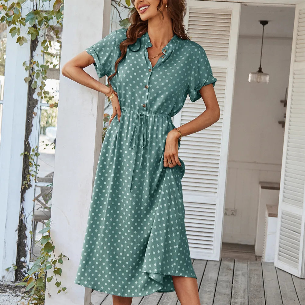 Dotarie Polka Dot Button-Down Midi Shirt Dress