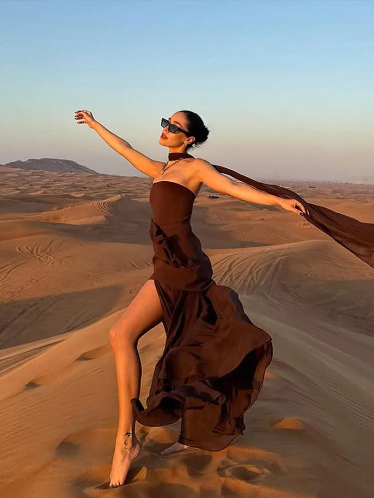 Valentina Strapless Evening Maxi Dress with Scarf
