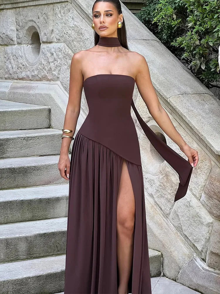Valentina Strapless Evening Maxi Dress with Scarf
