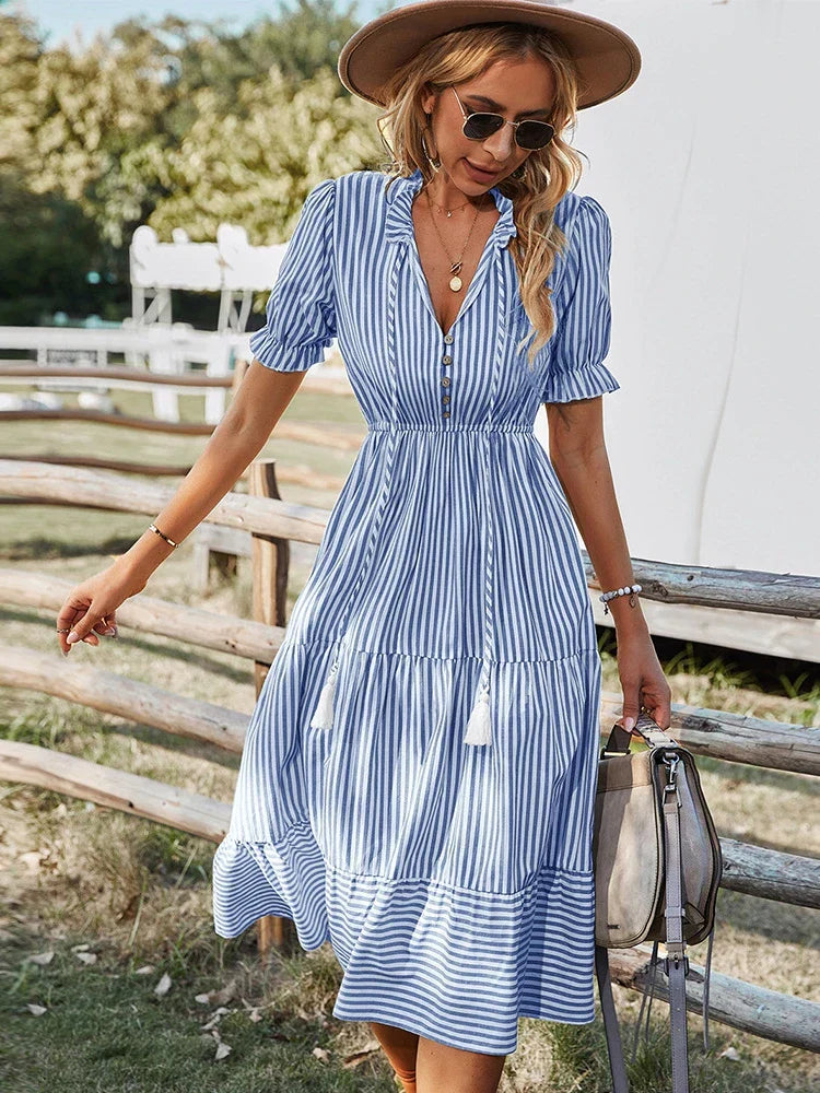Maya Striped V-Neck Tassel Dress