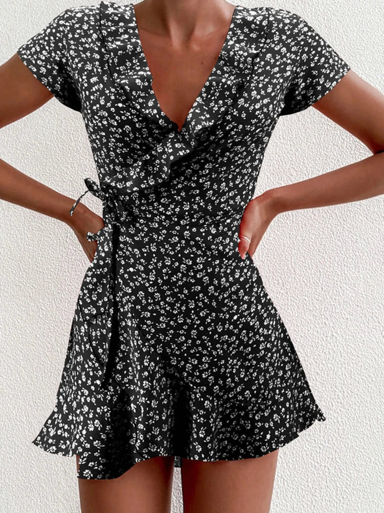 Mary Floral Ruffle V-Neck Mini Dress for Summer