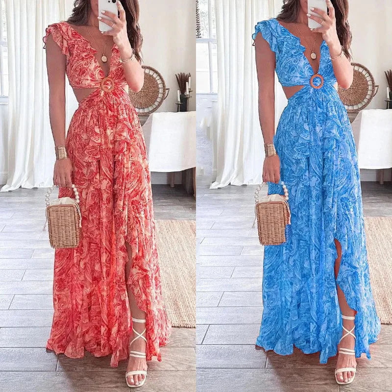 Elara Printed Pleated V-Neck Dress