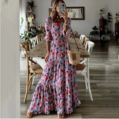 Liora Print V-Neck Swing Maxi Dress