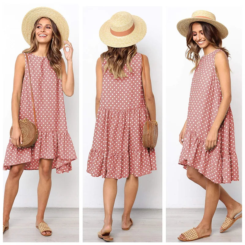 Roan Playful Polka-Dot Ruffle Chiffon Summer Dress