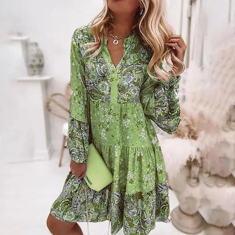 Helena Floral A-Line V-Neck Dress for Summer Beach Days