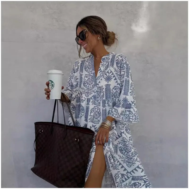 Adeline Printed A-Line Dress with V-Neck