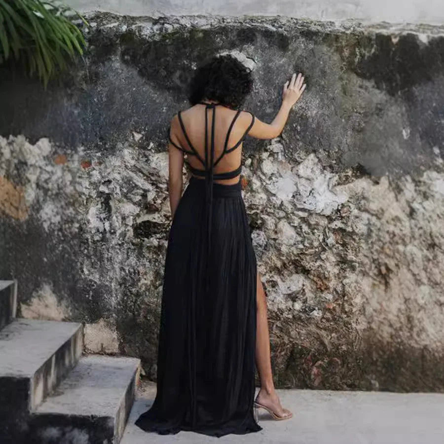 Draped Crop Top and Long Slit Skirt Set with Cord Trim