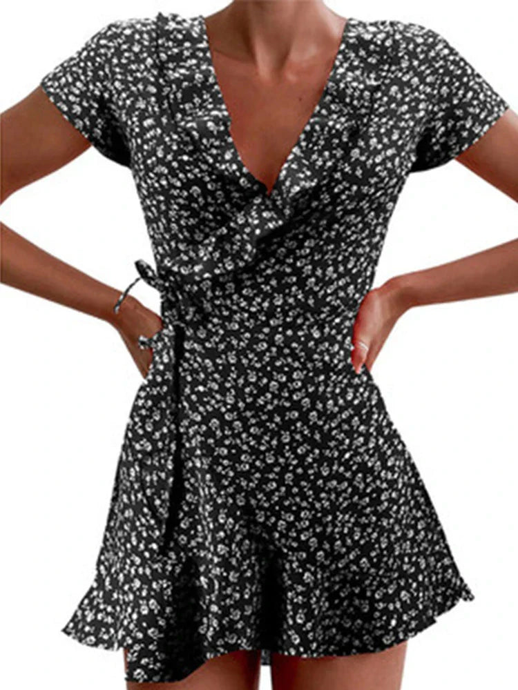 Mary Floral Ruffle V-Neck Mini Dress for Summer