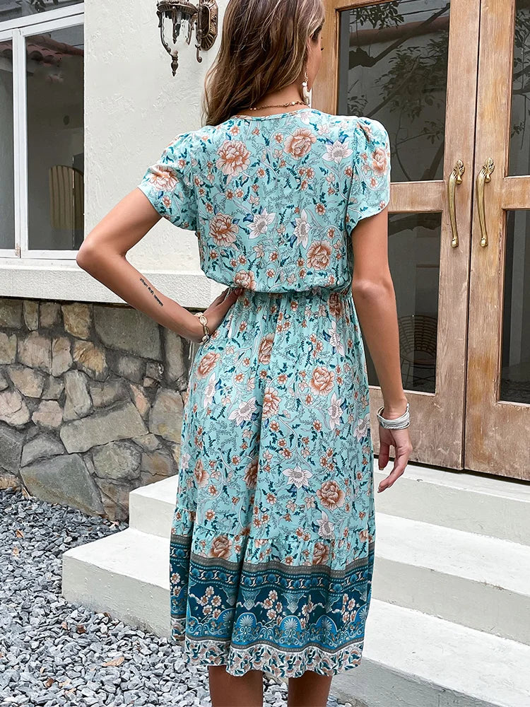 Celia Green Boho Floral Midi Dress