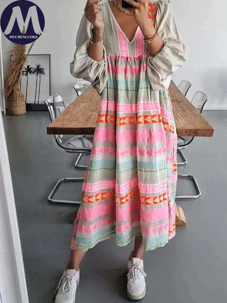 Cassandra Boho Print V-Neck Dress