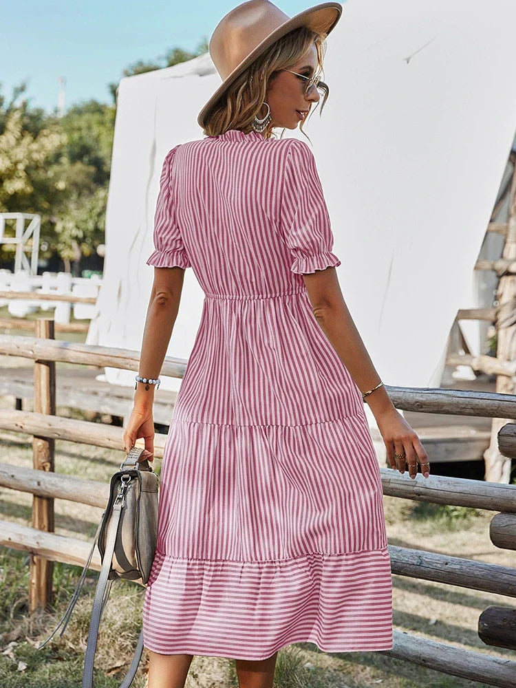 Maya Striped V-Neck Tassel Dress