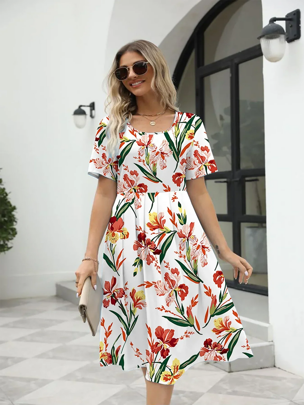Nuvella Printed Summer Dress with Back Zipper
