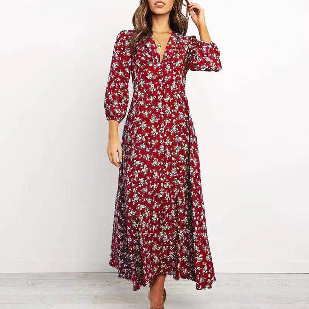 Marina Floral Midi Dress with Button-Front Placket