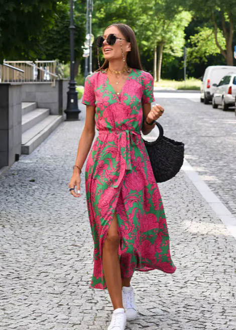 Elianne Floral Wrap Summer Dress with V-Neck and Side Slit