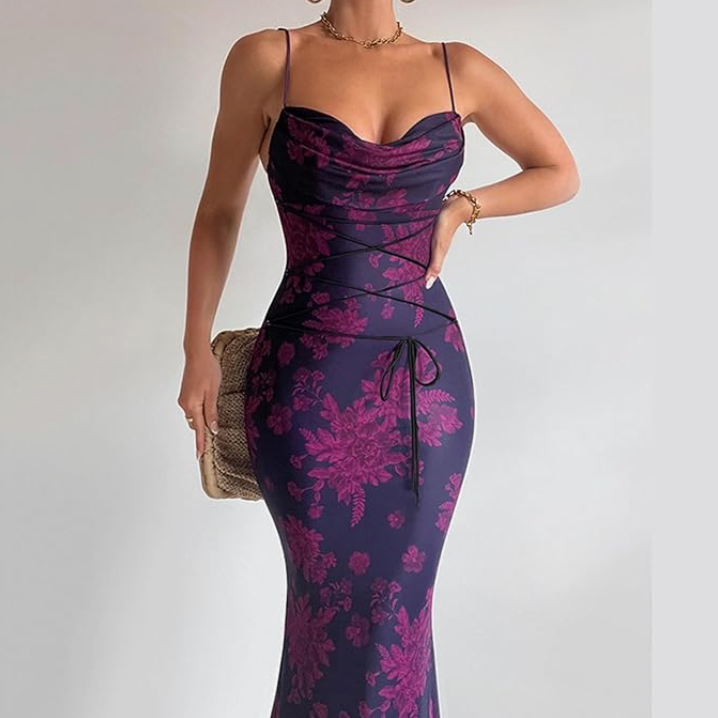 Fiorella Ruched Floral Slit Maxi Dress