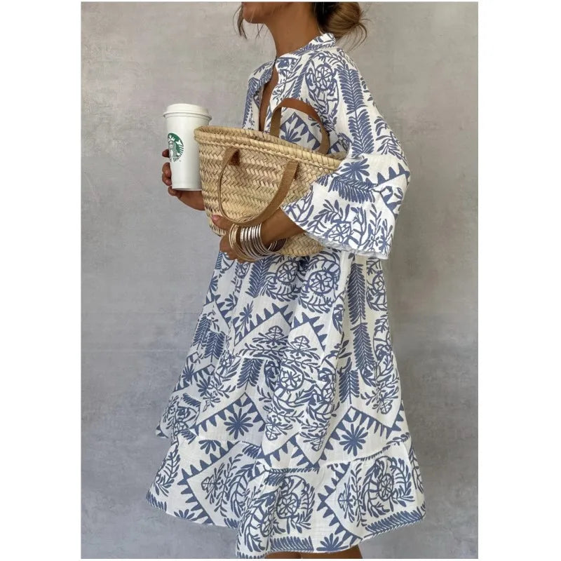 Adeline Printed A-Line Dress with V-Neck