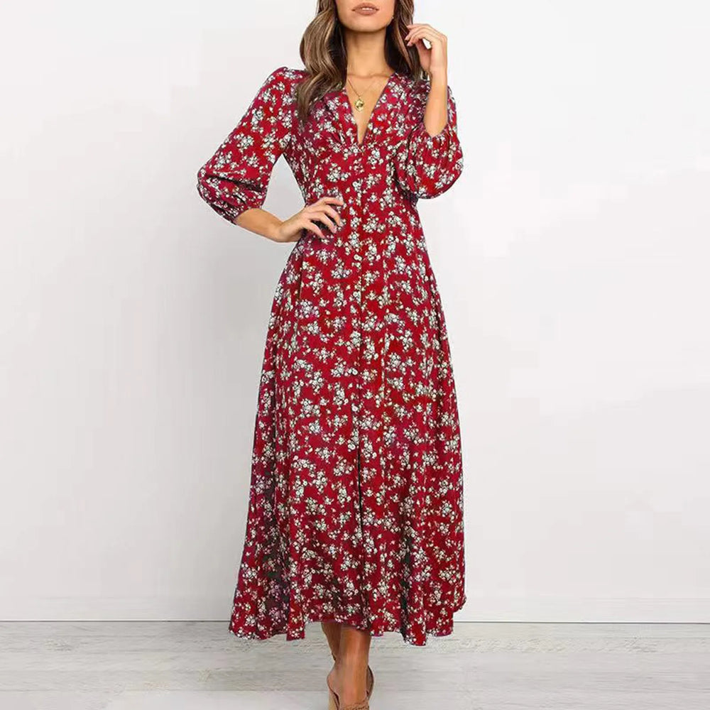 Marina Floral Midi Dress with Button-Front Placket