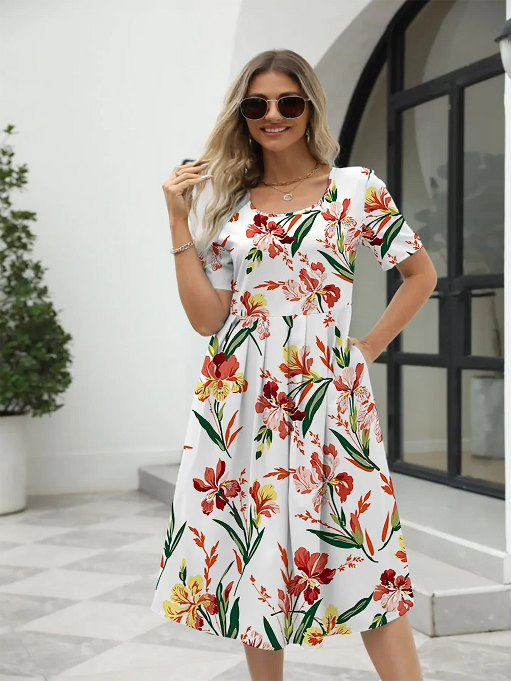 Nuvella Printed Summer Dress with Back Zipper
