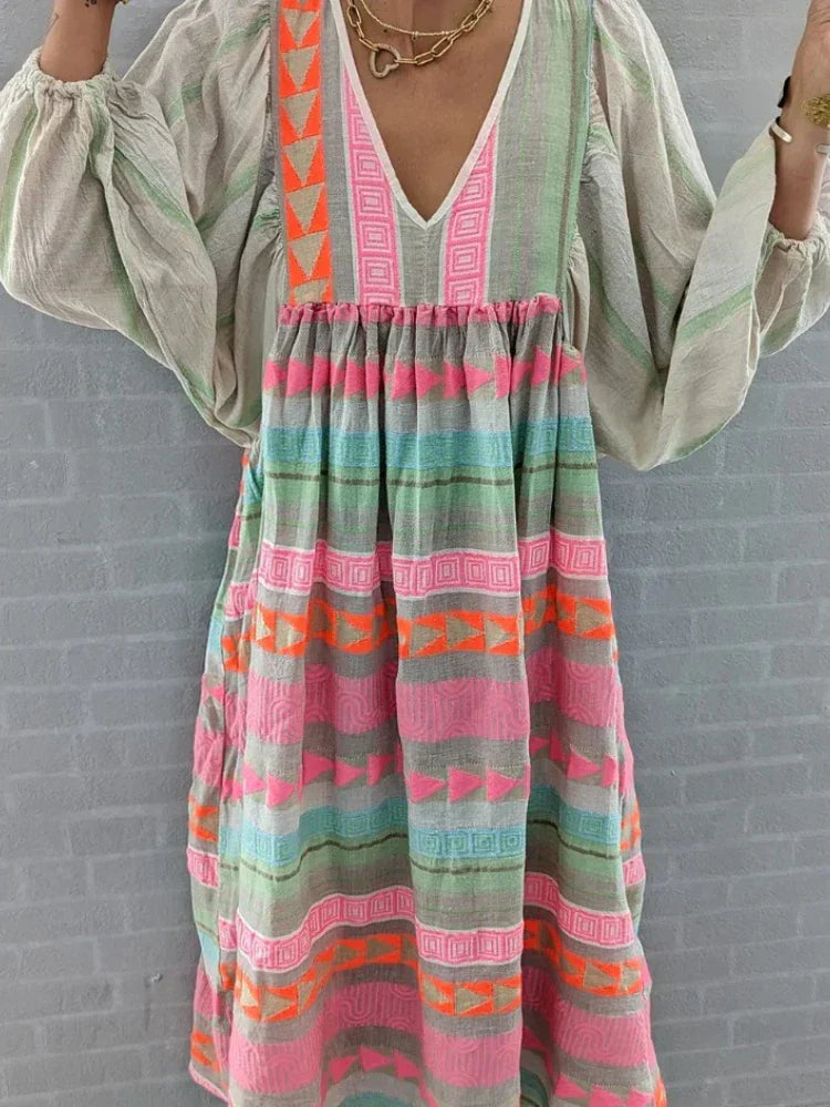 Cassandra Boho Print V-Neck Dress
