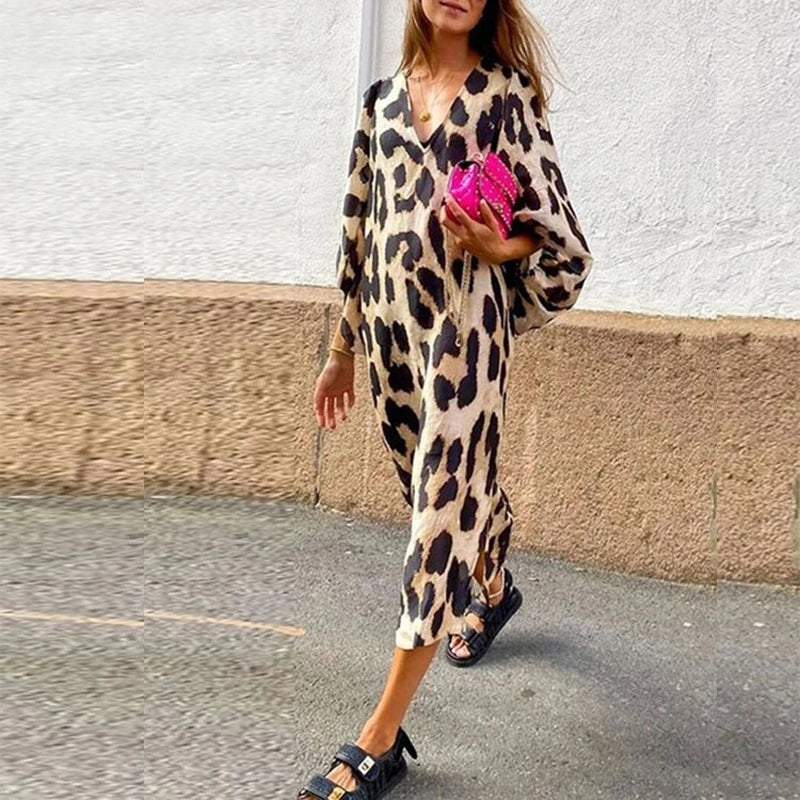 Zarina Leopard Print V-Neck Maxi Dress