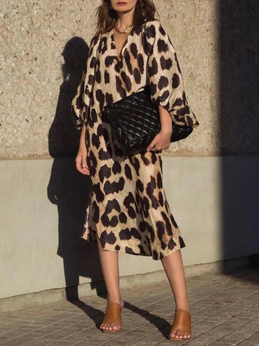 Zarina Leopard Print V-Neck Maxi Dress