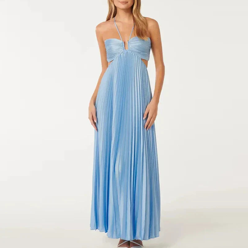 Marina Blaues Halterneck Plissiertes Partykleid Dress