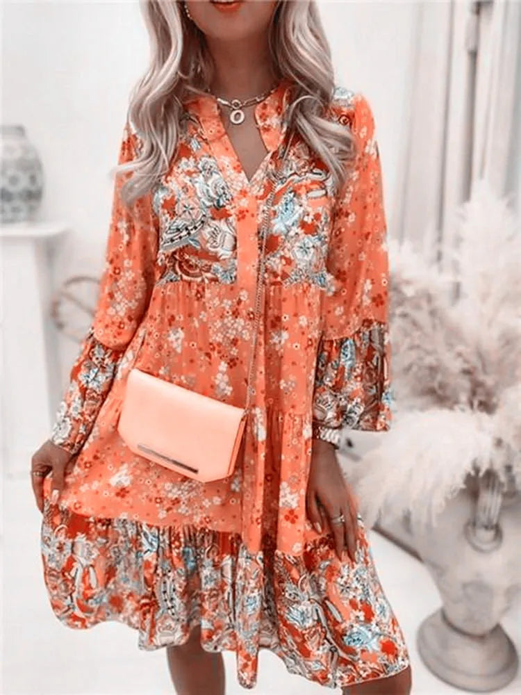 Helena Floral A-Line V-Neck Dress for Summer Beach Days
