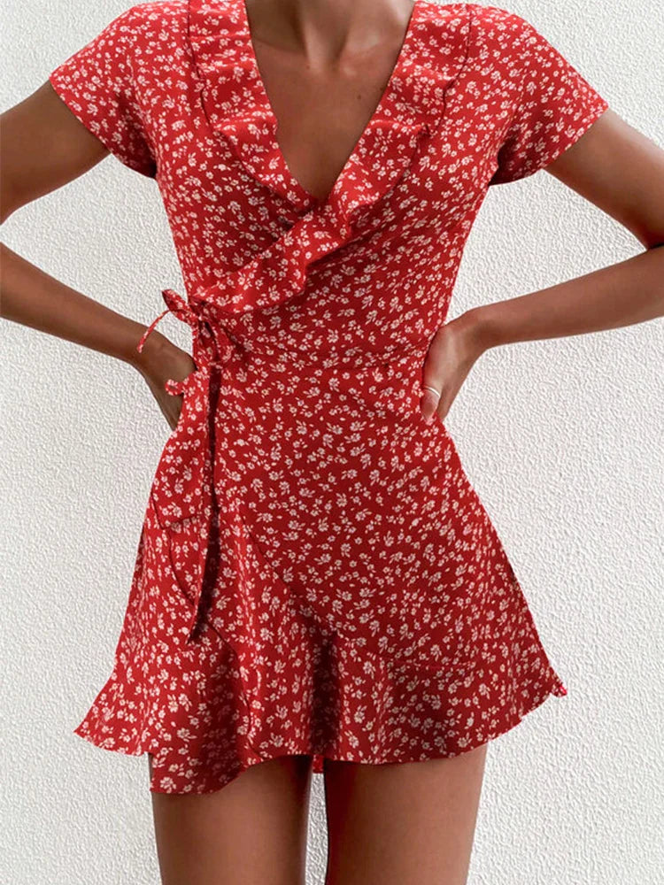 Mary Floral Ruffle V-Neck Mini Dress for Summer