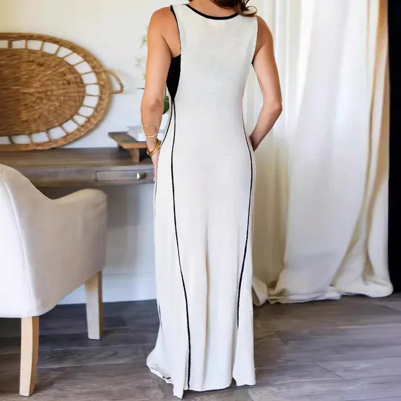 Contrast-Trim Knit Maxi Dress with Bow for Summer