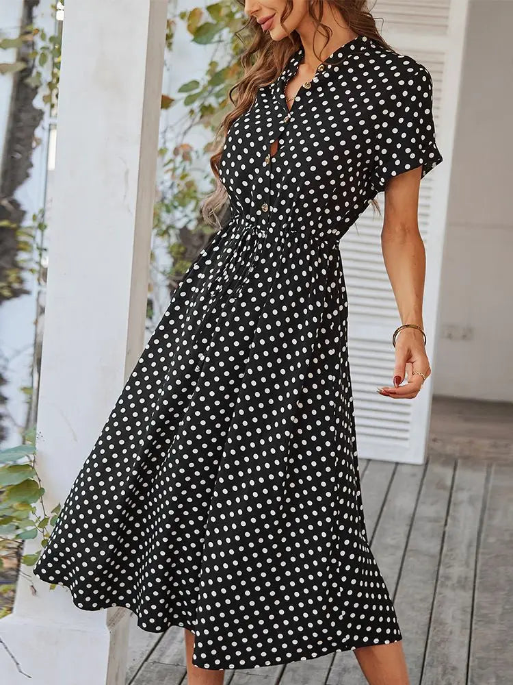 Dotarie Polka Dot Button-Down Midi Shirt Dress