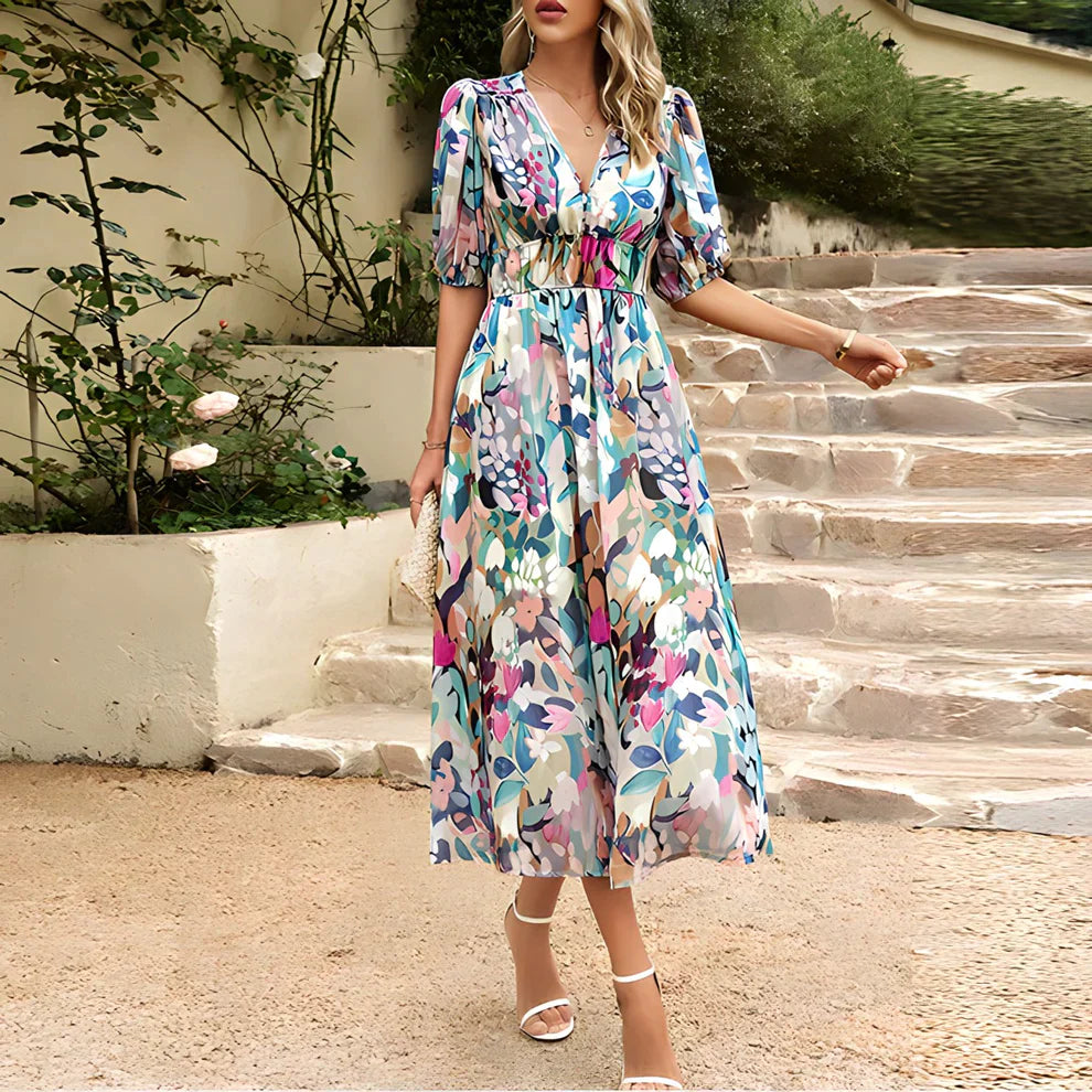 Constança Patterned Puff-Sleeve Midi Dress for Occasions