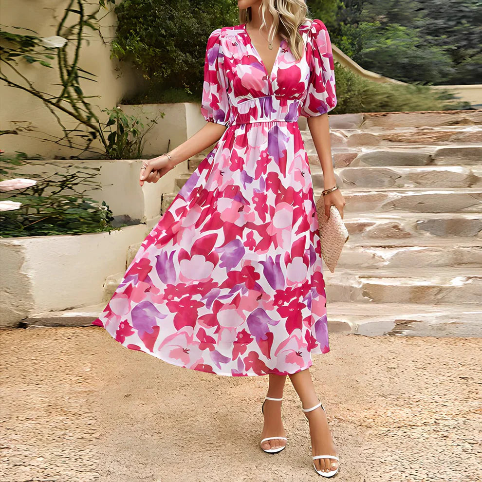 Constança Patterned Puff-Sleeve Midi Dress for Occasions