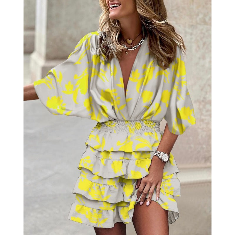 Soraya Elegant Floral Print Dress with Elastic Waist