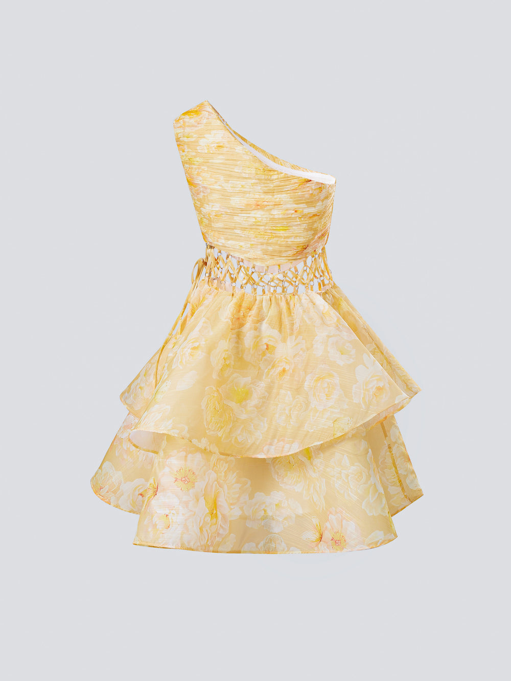 Sylvabelle Asymmetric Ruffle Floral Mini Dress